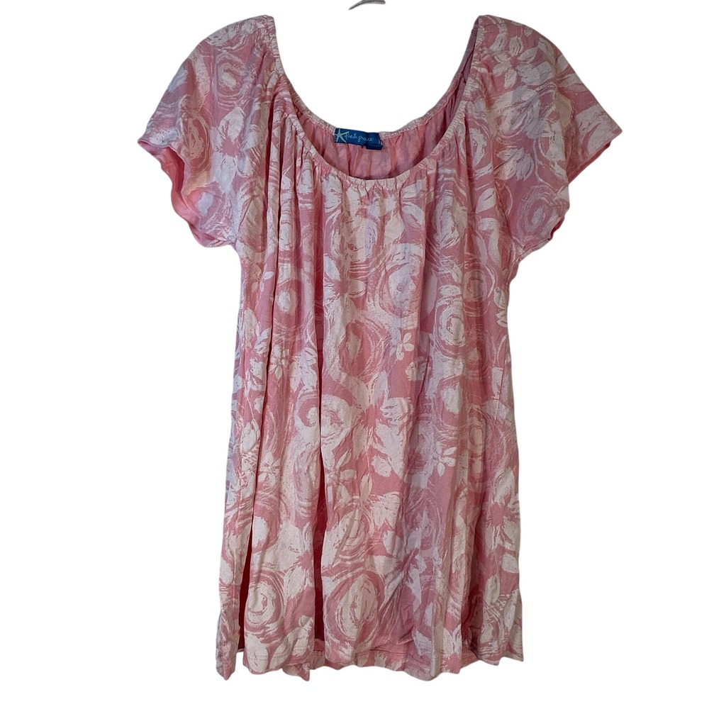 Fresh Produce Pink White Floral Scoop Neck Tunic Top Short Sleeve USA Made L